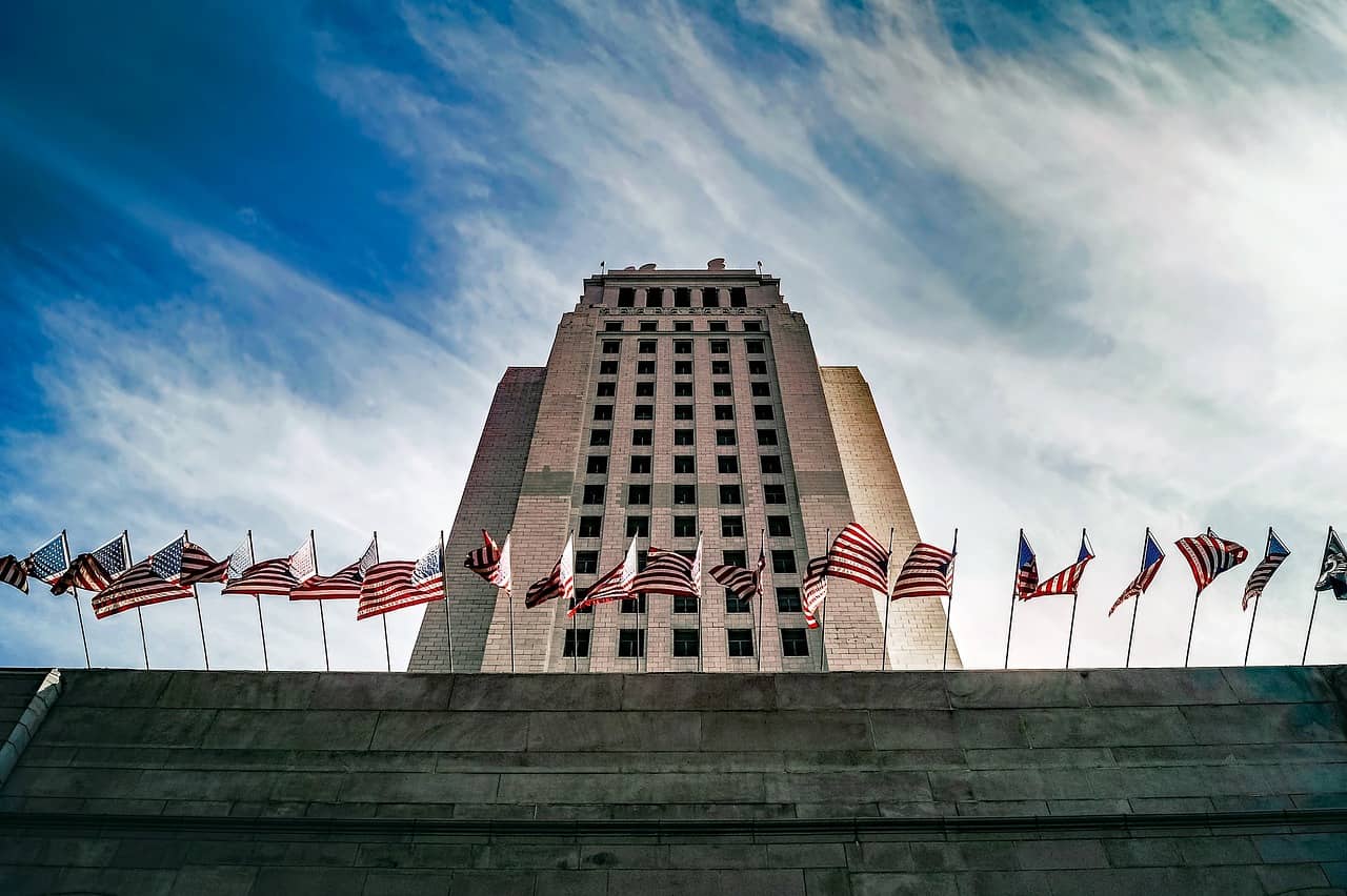 American flag on a civic building in downtown Oklahoma